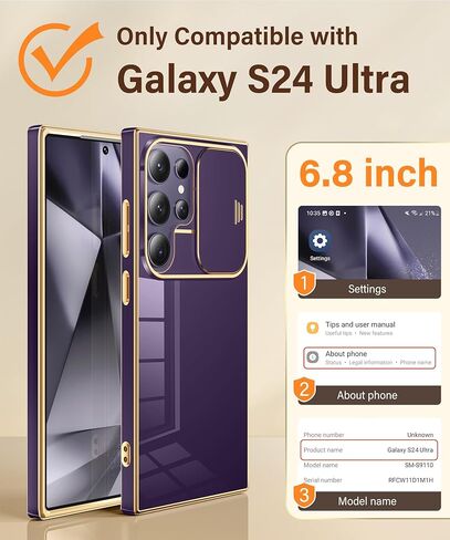 حافظة CAPRARO لهاتف Samsung Galaxy S24 Ultra مع غطاء كاميرا، [واقي شاشة 1x وغطاء كاميرا منزلق] حافظة هاتف واقية مقاومة للصدمات من الدرجة العسكرية لهاتف S24 Ultra مقاس 6.8 بوصة، أرجواني عميق in Kuwait