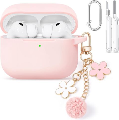 for AirPods 4 Case Cover, Soft Pink Silicone Protective Shell Compatible with Apple AirPods 4th Generation Case for Women Girly, iPod 4 Case with Flower Chain,Keychain and Cleaner Kit - Pink in Saudi Arabia