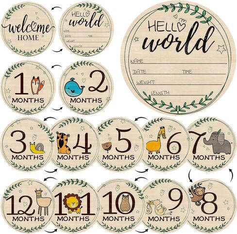 8 Pcs Baby Monthly Milestone Cards- Baby Milestone Signs Wooden Discs 8 Double-Sided Animal Marker Cards for Newborn Photos, Pregnancy Keepsakes & Baby Gift Sets 8pcs Doubleside in Kuwait