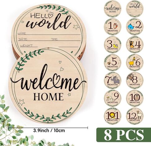 8 Pcs Baby Monthly Milestone Cards- Baby Milestone Signs Wooden Discs 8 Double-Sided Animal Marker Cards for Newborn Photos, Pregnancy Keepsakes & Baby Gift Sets 8pcs Doubleside in Kuwait