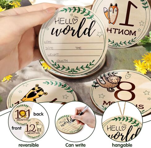 8 Pcs Baby Monthly Milestone Cards- Baby Milestone Signs Wooden Discs 8 Double-Sided Animal Marker Cards for Newborn Photos, Pregnancy Keepsakes & Baby Gift Sets 8pcs Doubleside in Kuwait