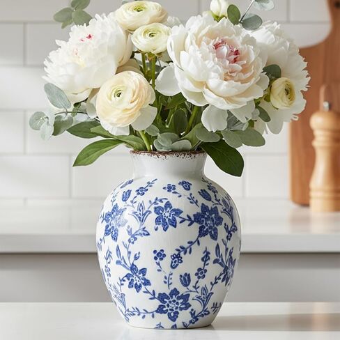 Vintage Ceramic Vase with Handles, 9.45 Inch Crackle Glaze Floral Pattern Vase, Rustic Farmhouse Decorative Flower Vase for Table Centerpieces, Boho & Chinoiserie Home Decor in Saudi Arabia