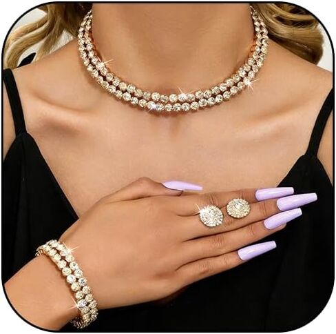 Rhinestone Jewelry Set for Women Elegant Sparkly Rhinestone Necklace Earrings Bracelet Crystal Bridal Wedding Prom Party Jewelry Set in Saudi Arabia