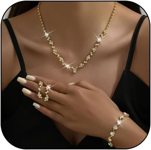 Rhinestone Jewelry Set for Women Elegant Sparkly Rhinestone Necklace Earrings Bracelet Crystal Bridal Wedding Prom Party Jewelry Set in Saudi Arabia