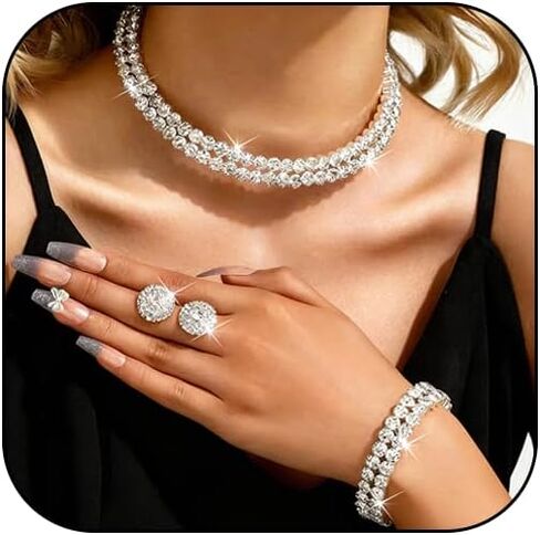 Rhinestone Jewelry Set for Women Elegant Sparkly Rhinestone Necklace Earrings Bracelet Crystal Bridal Wedding Prom Party Jewelry Set in Saudi Arabia