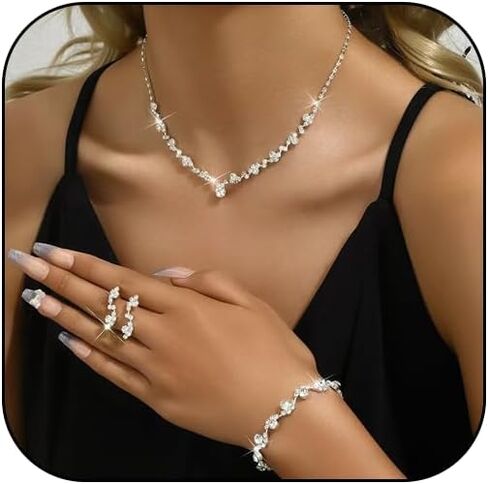 Rhinestone Jewelry Set for Women Elegant Sparkly Rhinestone Necklace Earrings Bracelet Crystal Bridal Wedding Prom Party Jewelry Set in Saudi Arabia