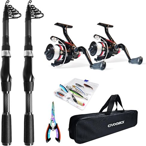 Telescopic Fishing Pole Combo, 2PCS 6.89ft Carbon Fiber Fishing Rods Spinning Reels Set，Full Kit with Fishing Pliers Lures and Carrier Bag for Travel Saltwater Freshwater in Saudi Arabia