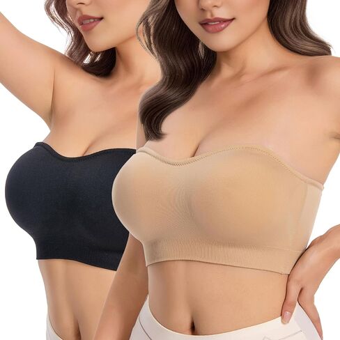 حمالة صدر Bandeau للنساء، حمالة صدر لاسلكية ناعمة للاستخدام اليومي بدون أكتاف قابلة للانزلاق مع حزام شفاف، بيج، M in Kuwait
