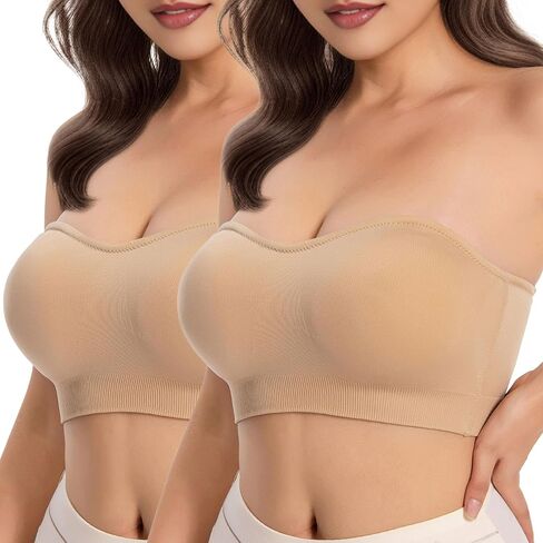 حمالة صدر Bandeau للنساء، حمالة صدر لاسلكية ناعمة للاستخدام اليومي بدون أكتاف قابلة للانزلاق مع حزام شفاف، بيج، M in Kuwait