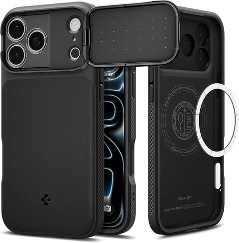 Spigen for iPhone 17 Pro Case, Optik Armor MagFit [TPU Covered Camera Control] [Camera Cover/Kickstand] [Compatible with MagSafe] - Black in Saudi Arabia