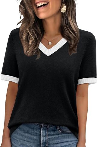 WIHOLL Short Sleeve Sweater for Women V Neck Spring Summer Tops Work Business Casual Outfits Trendy Clothes in Saudi Arabia
