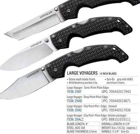 الباردة الصلب فوييجر كبير 4 "AUS10A قطرة شفرة الحلاقة الحادة 5.25" مقبض Griv-Ex كل يوم حمل سكين الطي التكتيكي ث / قفل ثلاثي الإعلان in Kuwait