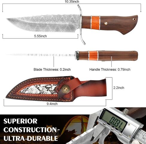 سكين باوي ذو نصل ثابت مع غمد، سكين صيد كامل تانغ مقاس 10.7 بوصة للتخييم في الهواء الطلق، والبقاء على قيد الحياة، وصناعة الأشجار، وشفرة فولاذية عالية الكربون in Kuwait