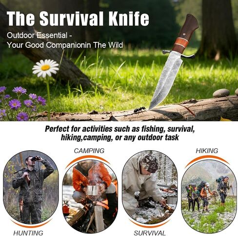 سكين باوي ذو نصل ثابت مع غمد، سكين صيد كامل تانغ مقاس 10.7 بوصة للتخييم في الهواء الطلق، والبقاء على قيد الحياة، وصناعة الأشجار، وشفرة فولاذية عالية الكربون in Kuwait