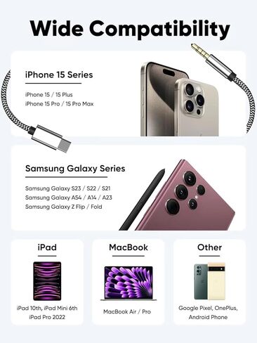 USB C to Aux Cord for iPhone 15,[MFi Certified] 2Pack USB C to 3.5mm Audio Aux Jack Headphone Car Stereo Nylon Braided Cable for iPhone15/15Plus/15Pro/15Pro Max,iPad Pro to Car,Speakers(3.3FT) in Saudi Arabia