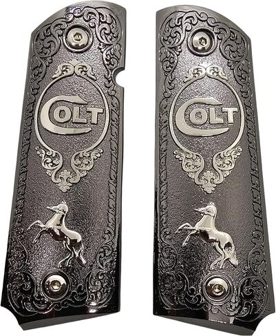 Full-Size 1911 Metal Grips Panels, Black with Nickel Accents, Rampant Horse Design, Compatible with Colt 1911 Government Models and Clones in Kuwait