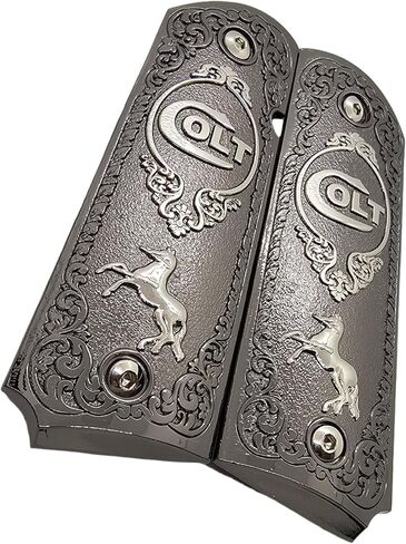 Full-Size 1911 Metal Grips Panels, Black with Nickel Accents, Rampant Horse Design, Compatible with Colt 1911 Government Models and Clones in Kuwait