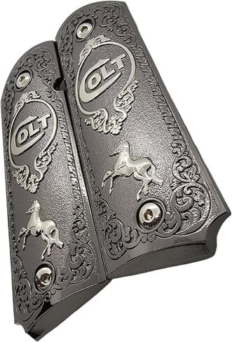 Full-Size 1911 Metal Grips Panels, Black with Nickel Accents, Rampant Horse Design, Compatible with Colt 1911 Government Models and Clones in Kuwait