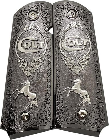 Full-Size 1911 Metal Grips Panels, Black with Nickel Accents, Rampant Horse Design, Compatible with Colt 1911 Government Models and Clones in Kuwait