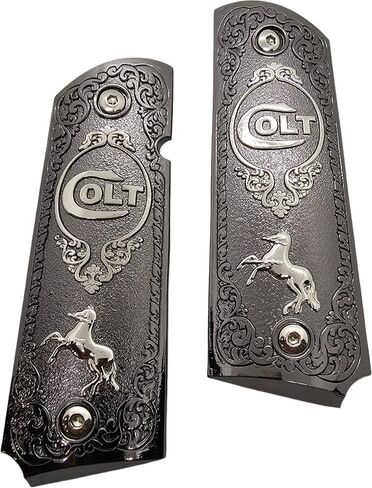 Full-Size 1911 Metal Grips Panels, Black with Nickel Accents, Rampant Horse Design, Compatible with Colt 1911 Government Models and Clones in Kuwait