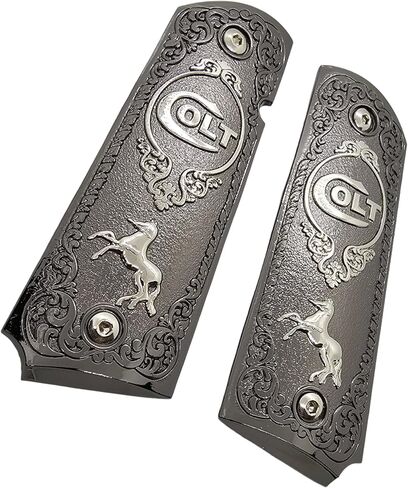 Full-Size 1911 Metal Grips Panels, Black with Nickel Accents, Rampant Horse Design, Compatible with Colt 1911 Government Models and Clones in Kuwait
