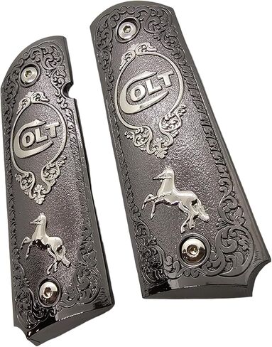 Full-Size 1911 Metal Grips Panels, Black with Nickel Accents, Rampant Horse Design, Compatible with Colt 1911 Government Models and Clones in Kuwait