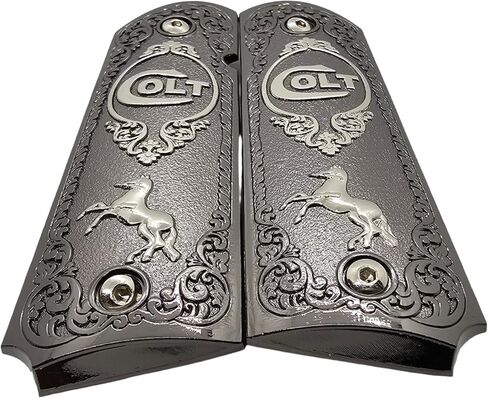 Full-Size 1911 Metal Grips Panels, Black with Nickel Accents, Rampant Horse Design, Compatible with Colt 1911 Government Models and Clones in Kuwait