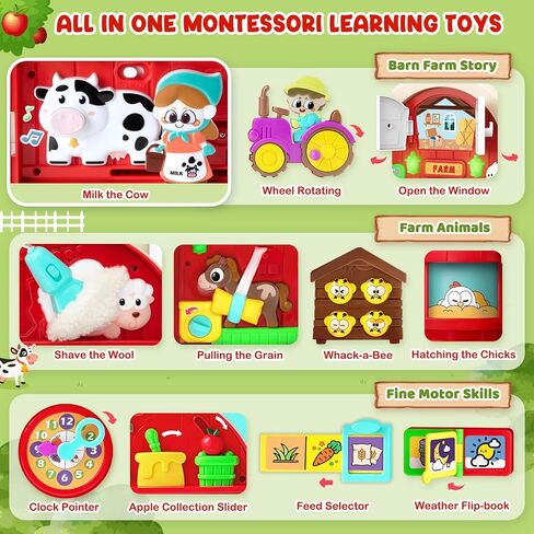 Montessori Farm Busy Board, Toddler Toys for 1 2 Year Old Boy Girl Gifts, Early Educational Board for Sensory Development, Motor Skills Toy for Toddlers 1-3, Christmas Birthday Gift for 12-18 Months in Kuwait