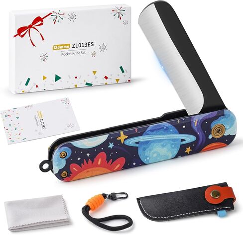 مجموعة سكاكين الجيب مع مشبك وغمد، حبل قصير، سكين جيب أول قابل للطي مع طرف مستدير للأولاد والبنات، للمبتدئين، شفرة سوداء مؤكسدة 420J2 مقبض بنمط الفضاء من الفولاذ المقاوم للصدأ in Kuwait
