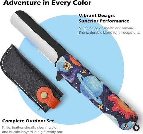 مجموعة سكاكين الجيب مع مشبك وغمد، حبل قصير، سكين جيب أول قابل للطي مع طرف مستدير للأولاد والبنات، للمبتدئين، شفرة سوداء مؤكسدة 420J2 مقبض بنمط الفضاء من الفولاذ المقاوم للصدأ in Kuwait