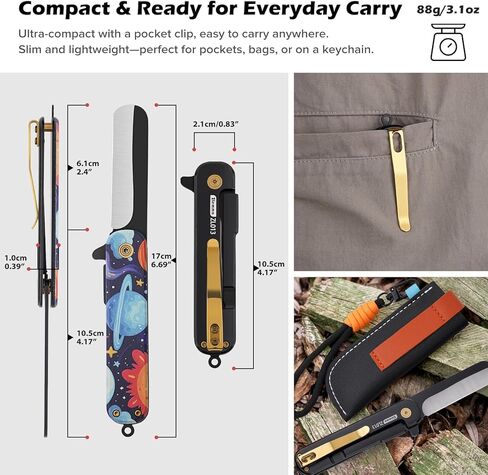 مجموعة سكاكين الجيب مع مشبك وغمد، حبل قصير، سكين جيب أول قابل للطي مع طرف مستدير للأولاد والبنات، للمبتدئين، شفرة سوداء مؤكسدة 420J2 مقبض بنمط الفضاء من الفولاذ المقاوم للصدأ in Kuwait