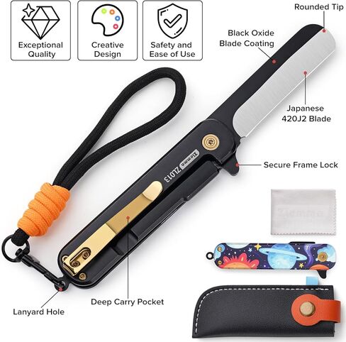 مجموعة سكاكين الجيب مع مشبك وغمد، حبل قصير، سكين جيب أول قابل للطي مع طرف مستدير للأولاد والبنات، للمبتدئين، شفرة سوداء مؤكسدة 420J2 مقبض بنمط الفضاء من الفولاذ المقاوم للصدأ in Kuwait