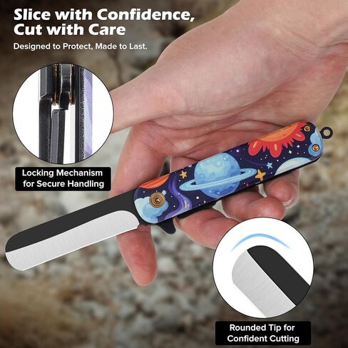 مجموعة سكاكين الجيب مع مشبك وغمد، حبل قصير، سكين جيب أول قابل للطي مع طرف مستدير للأولاد والبنات، للمبتدئين، شفرة سوداء مؤكسدة 420J2 مقبض بنمط الفضاء من الفولاذ المقاوم للصدأ in Kuwait