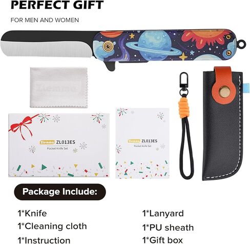 مجموعة سكاكين الجيب مع مشبك وغمد، حبل قصير، سكين جيب أول قابل للطي مع طرف مستدير للأولاد والبنات، للمبتدئين، شفرة سوداء مؤكسدة 420J2 مقبض بنمط الفضاء من الفولاذ المقاوم للصدأ in Kuwait