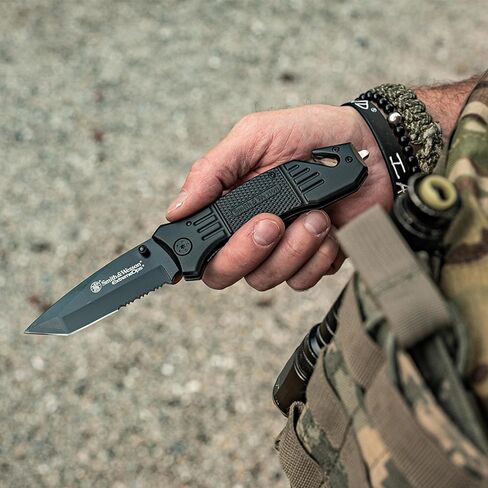Smith & Wesson SWFR2S 8in High Carbon S.S. Folding Knife with 3.3in Tanto Point Serrated Blade and Aluminum Handle for Outdoor, Tactical, Survival and EDC,Black in Saudi Arabia