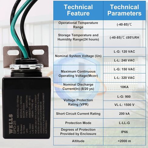 Wells 120/240V Universal Surge Protector for HVAC & Heat Pump - 25kA Type 1 SPD, 200kA SCCR, NEMA 4X/ IP66 Waterproof Outdoor Enclosure, TFMV Technology, Easy Installation (1-Phase, 3-Wire) in Saudi Arabia