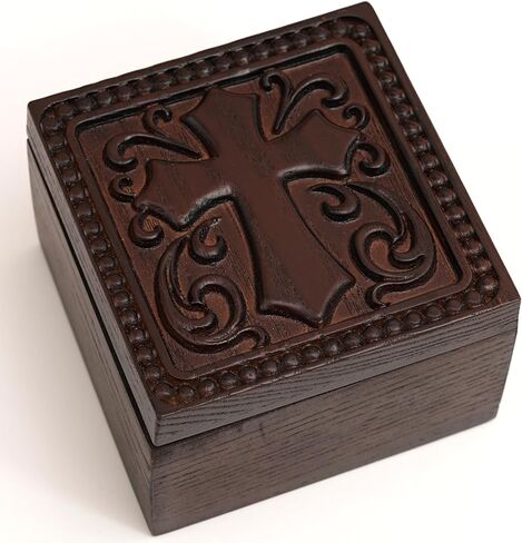 Hand-Carved Wooden Cross Keepsake Box, Natural Solid Wood Christian Gift Box for Rosary, Prayer Cards, Jewelry & Meaningful Faith Gifts for Women, Men, Friends & Loved Ones in Saudi Arabia