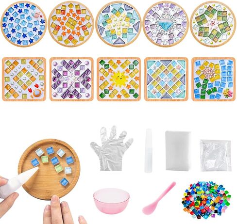 Adboros 10 Sets DIY Glass Mosaic Philes for Harps Mixed Color Mosaic Kits with Coaster Wooden Coater in Kuwait