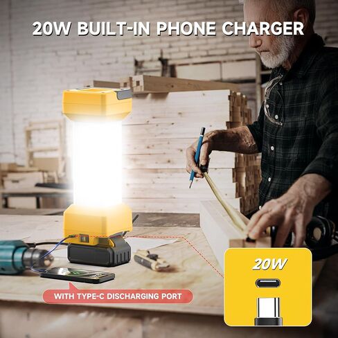 مصباح عمل LED لاسلكي لبطارية Dewalt 20V، فانوس تخييم مع مفتاح ومنفذ إخراج من النوع C، حماية من الجهد المنخفض، 20W 1300~2900LM، صالح للشرب لورشة العمل، حالات الطوارئ، في الهواء الطلق (بدون بطارية) in Saudi Arabia