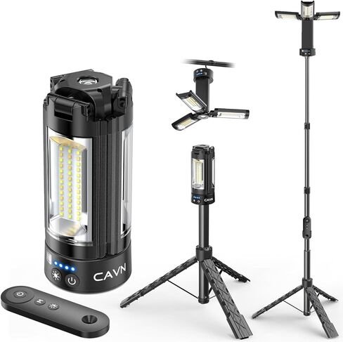 CAVN Rechargeable Camping Lights with Remote & Detachable Tripod Max Height 6.7 ft, Portable Work Light with 3 LED Lamp Heads, Camping Essentials Gear Emergency Flashlight with Hook, Orange in Saudi Arabia