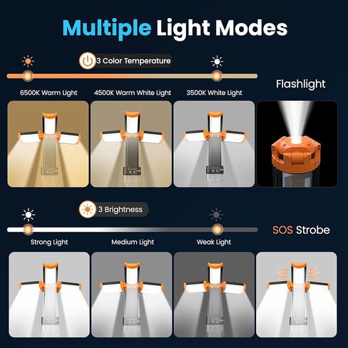 CAVN Rechargeable Camping Lights with Remote & Detachable Tripod Max Height 6.7 ft, Portable Work Light with 3 LED Lamp Heads, Camping Essentials Gear Emergency Flashlight with Hook, Orange in Saudi Arabia