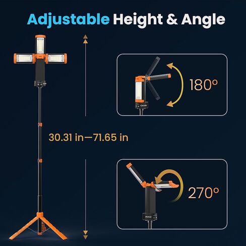 CAVN Rechargeable Camping Lights with Remote & Detachable Tripod Max Height 6.7 ft, Portable Work Light with 3 LED Lamp Heads, Camping Essentials Gear Emergency Flashlight with Hook, Orange in Saudi Arabia