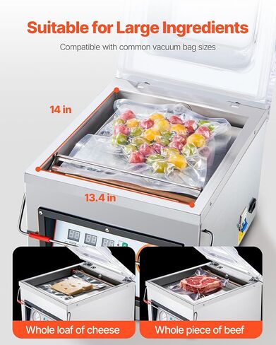 VEVOR Chamber Vacuum Sealer، قوة الختم 320W، آلة تعبئة الفراغ للأطعمة الرطبة واللحوم والمخللات وأكثر من ذلك، حجم صغير بطول إغلاق 12.6 بوصة، مطبق في المطبخ المنزلي والاستخدام التجاري in Kuwait