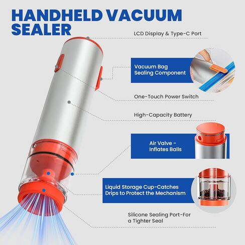 Chef Preserve Compact Handheld Vacuum Sealer for Food with Vacuum Food Storage Bags, Mason Jars, Wine Preservers, Inflatable Sports Balls. Includes 20 Bags and 4 Lids in Saudi Arabia