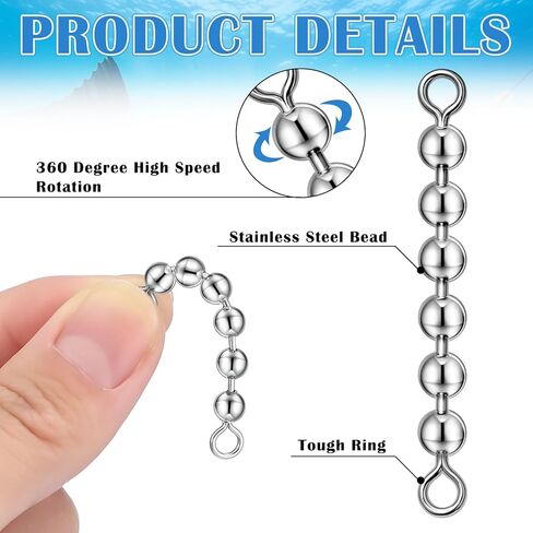 Soulchen 30 Pack Fishing Bead Chain Swivels Set, 3 Size Stainless Steel Catfish Trolling Swivels High Speed Fishing Tackle Rig Gear for Freshwater Saltwater, 4/6 Bead 1/8'', 3/16'', 3/16'' in Saudi Arabia