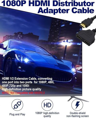 كابل محول Hdmi Splitter 1 في 2 - مقسم HDMI ذكر إلى HDMI أنثى مزدوج 1 إلى 2 طريقة لـ HD، LED، LCD، TV، يدعم اثنين من أجهزة التلفاز بنفس الحجم في نفس الوقت، المرآة فقط لا يمكنها تمديد العرض in Kuwait