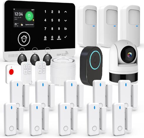 نظام إنذار منزلي مع كاميرا، 23 قطعة من نظام أمان المنزل اللاسلكي WiFi/GSM SMS مع كاشف حركة، صفارة إنذار 120 ديسيبل، جهاز تحكم عن بعد، زر جرس الباب وزر SOS للفيلا والمستودع in Kuwait