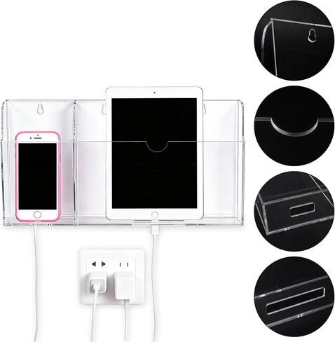حامل هاتف أكريليك مثبت على الحائط، حامل جداري للكمبيوتر اللوحي مع فتحات شحن، حامل جهاز تحكم عن بعد بفتحتين لجهاز iPad Kindle المحمول، شفاف in Kuwait