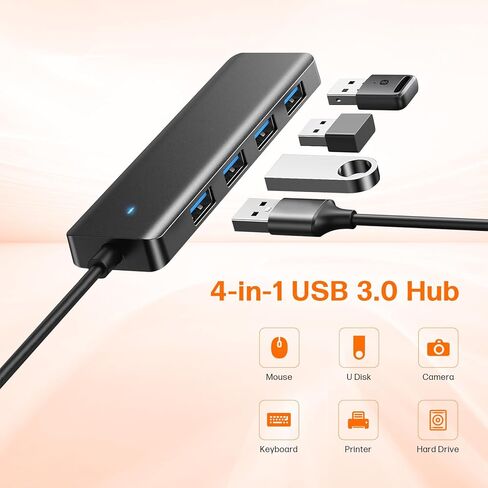 موزع USB 4 منافذ، موزع USB 3.0 متعدد، موسع USB فائق النحافة الفاصل USB للماوس ولوحة المفاتيح ومحرك الأقراص المحمول وقرص U والطابعة وأجهزة الكمبيوتر المحمول وسطح المكتب والمزيد in Kuwait
