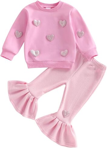 Twopumpkin Baby Girl Valentines Day Outfit Toddler Girls Valentines Sweatshirt Ribbed Bell Bottoms Falre Pants Clothes Set in Kuwait